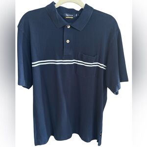 Men's navy blue large Nautica polo shirt with white stripes across the chest.